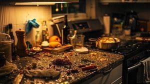 a close-up shot of a cluttered urban kitchen countertop, prominently featuring dark, unsightly roach droppings alongside scattered food remnants, illuminated by harsh overhead lighting to emphasize the signs of a serious roach infestation.