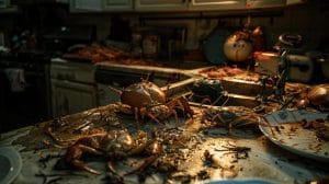 a dimly lit kitchen reveals an unsettling collection of pest traps and evidence, including droppings and gnaw marks on countertops, highlighting urgent signs of an unwelcome infestation.
