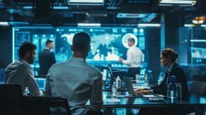 a sleek, modern office space filled with pest control professionals engaged in animated discussions over pricing strategies, surrounded by digital displays showcasing local market data and pest control solutions.