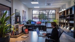 a modern office environment showcases a confident individual discussing pest control solutions through a sleek laptop, surrounded by pest control brochures and high-tech gadgets, conveying professionalism and expertise in local services.