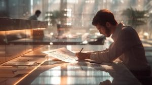 a sharply lit, modern office environment shows a professional seated at a sleek desk, closely examining a transparent document with highlighted text about hidden fees in pest control services, emphasizing the importance of transparency in service contracts.