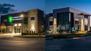 a sleek and modern office setting showcases a side-by-side comparison of local pest control companies and national chains, featuring two contrasting displays of branding and service offerings on elegant panels, under bright, focused lighting.