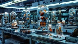 a brightly lit, modern laboratory filled with magnified insect specimens under glass domes, showcasing a clear visual comparison between intricately detailed beneficial insects and common pests on sleek, high-tech display boards.