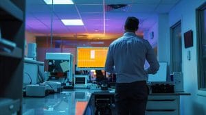 a modern coral gables office interior showcases a sleek pest management technician examining high-tech equipment, emphasizing innovative solutions for residential pest control within a well-organized workspace.