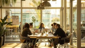 a modern, well-lit office with a large conference table, where a diverse group of professionals engage in an animated discussion, surrounded by documents and visual aids on wdo inspection services.