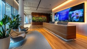 a sleek, modern office reception area showcases a prominently displayed digital screen featuring local pest control service options, with clean lines and a professional atmosphere highlighted by focused indoor lighting.
