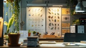a well-organized office workspace featuring a vivid wall chart of various pests, showcasing clear, detailed illustrations for accurate identification, complemented by a sleek desk setup and modern lighting to enhance the educational theme.