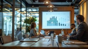 a sleek, modern conference room features a projector displaying a detailed comparison chart of various mosquito prevention plans, while professionals engage in a focused discussion around a polished wooden table, emphasizing strategic decision-making.