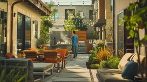 a bustling urban neighborhood in the peak of summer, showcasing a professional mosquito control technician applying treatment around a sleek, modern patio filled with vibrant furniture and outdoor décor, emphasizing a pest-free environment for relaxation and enjoyment.