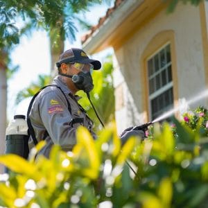 Professional pest control technician applying eco-friendly methods around a home in Homestead, FL