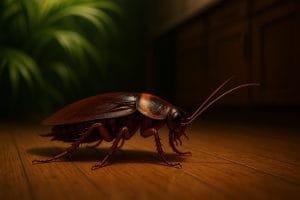 Close-up of a palmetto bug (American cockroach) on a kitchen floor.