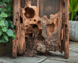 Damaged wood with insect infestation