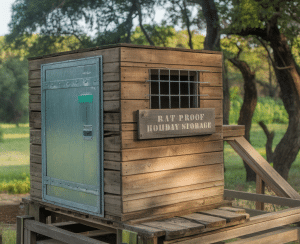 Wooden storage shed with metal door